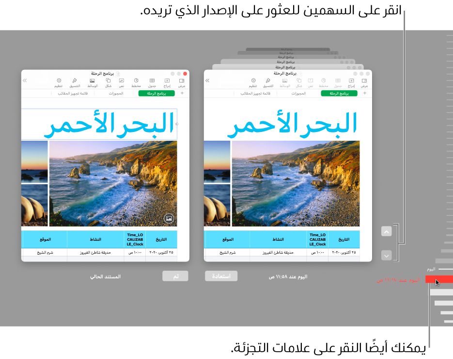 النافذة "إرجاع"، وتعرض الإصدارات التي يمكنك استعراضها.