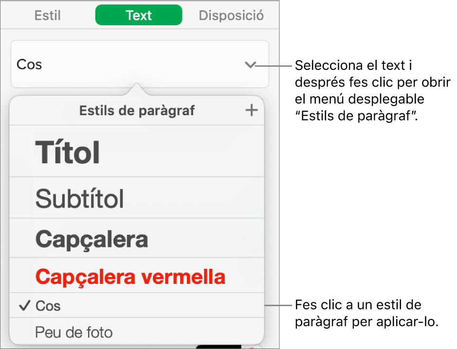 Menú “Estils de paràgraf” amb una marca de verificació al costat de l’estil seleccionat.