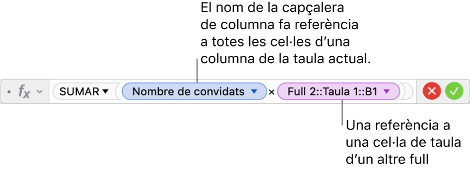 L’editor de fórmules, que mostra una fórmula que fa referència a una columna d’una taula i a una cel·la d’una altra taula.