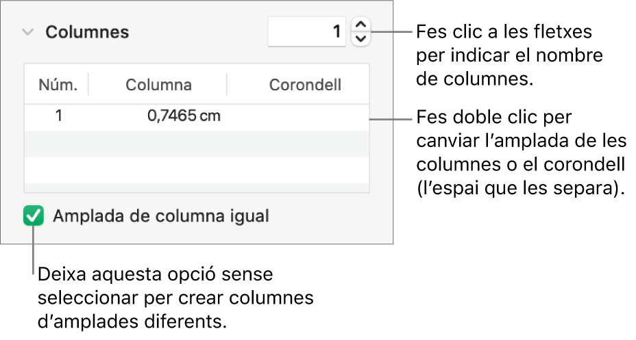 Controls de la secció de columnes per canviar el nombre de columnes i l’amplada de cada columna.