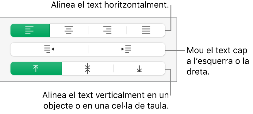 Secció Alineació de la barra lateral Format, amb llegendes per als botons d’alineació de text.