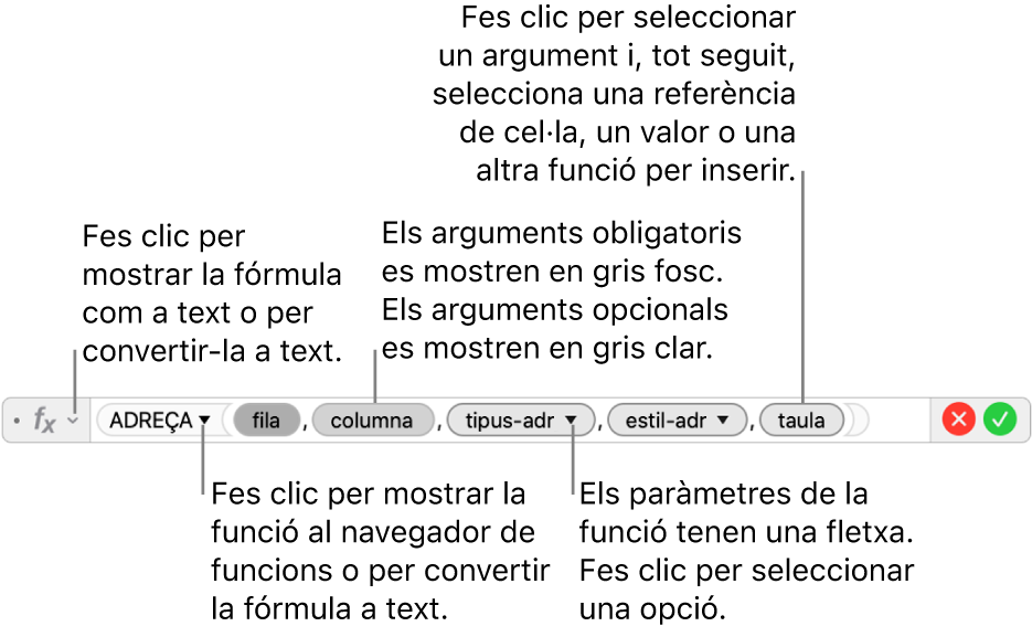 L’editor de fórmules, que mostra la funció “ADREÇA” i els testimonis d’argument corresponents.