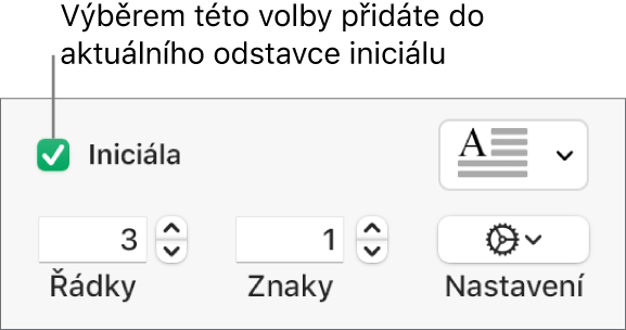 Je vidět zaškrtnuté políčko Iniciála a napravo od něj je místní nabídka; pod ní jsou ovládací prvky pro nastavení výšky řádku, počet znaků a další volby