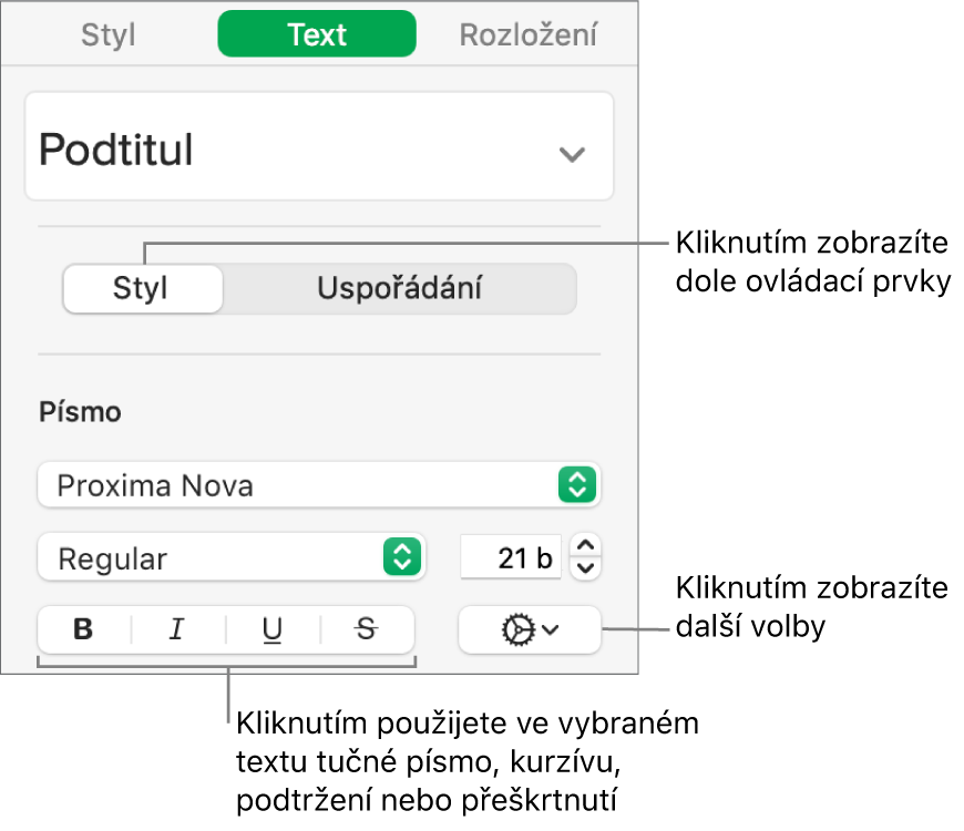 Ovládací prvky stylu na bočním panelu s popisky tlačítek Tučné, Kurzíva, Podtržené a Přeškrtnuté