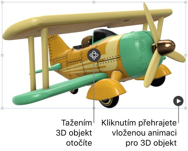 3D objekt s tlačítkem Otočit uprostřed a tlačítkem Přehrát v pravém dolním rohu