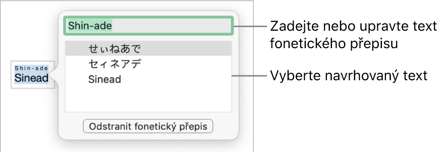 Otevřený fonetický přepis slova s popisky u textového pole a navrhovaného textu