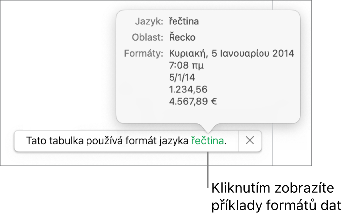 Upozornění na odlišné nastavení jazyka a oblasti s ukázkami formátování pro daný jazyk a oblast