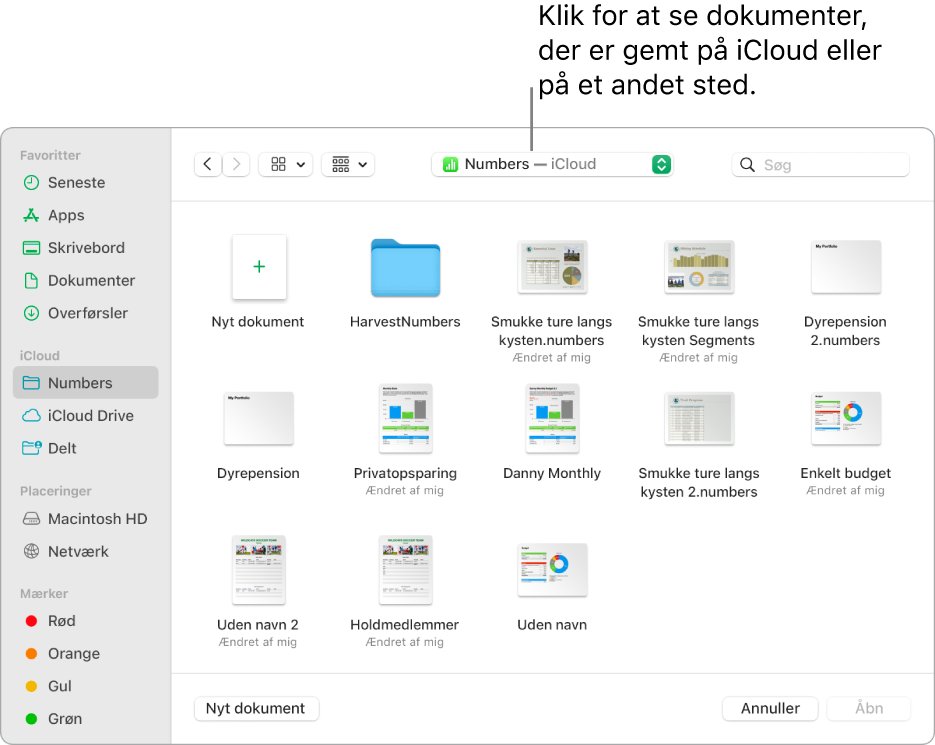 Dialogen Åbn med indholdsoversigten åben til venstre og iCloud Drive valgt på lokalmenuen øverst. Mapper til Keynote, Numbers og Pages vises i dialogen sammen med knappen Nyt dokument.