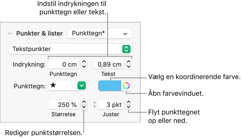 Punkter & lister med billedforklaringer til betjeningsmulighederne til indrykning af punkttegn og tekst, farve og størrelse på punkttegn og justering.