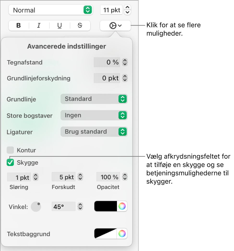 Menuen Flere tekstindstillinger er åben med afkrydsningsfeltet Skygger valgt og betjeningsmuligheder til indstilling af sløring, forskydning, opacitet, vinkel og farve.