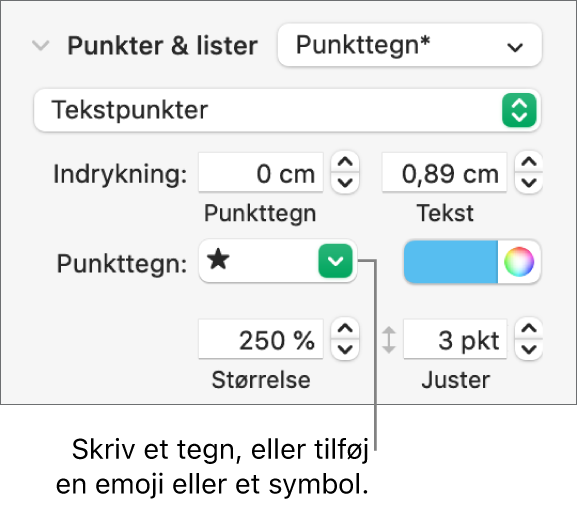 Sektionen Punkter & lister i indholdsoversigten Format. I feltet Punkttegn vises en stjerne-emoji.