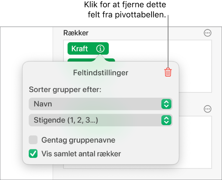 Menuen Feltindstillinger, der viser betjeningsmulighederne til at gruppere og sortere data samt muligheden for at fjerne et felt.