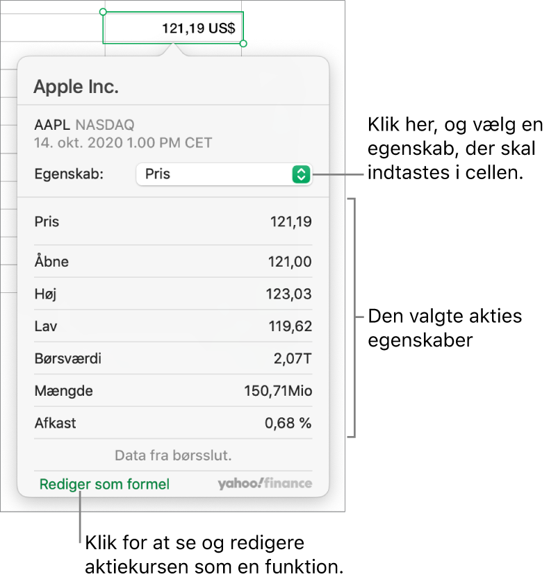 Dialogen til indsættelse af oplysninger om værdipapiregenskaber med Apple som det valgte værdipapir.