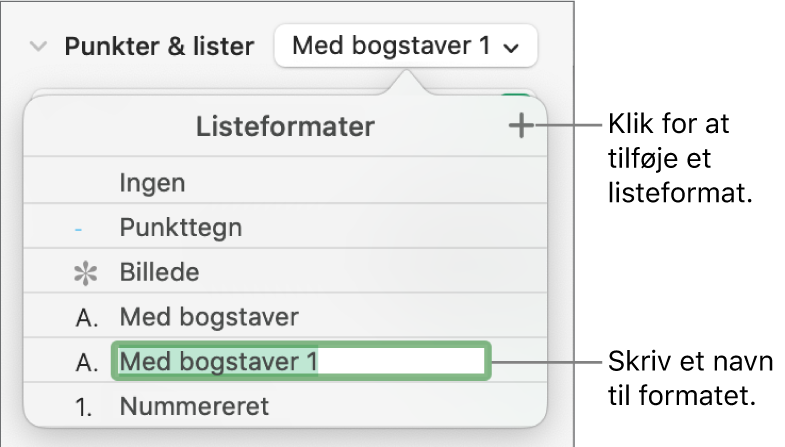 Lokalmenuen Listeformater med knappen Tilføj i øverste højre hjørne og et eksempel på et formatnavn med teksten valgt.