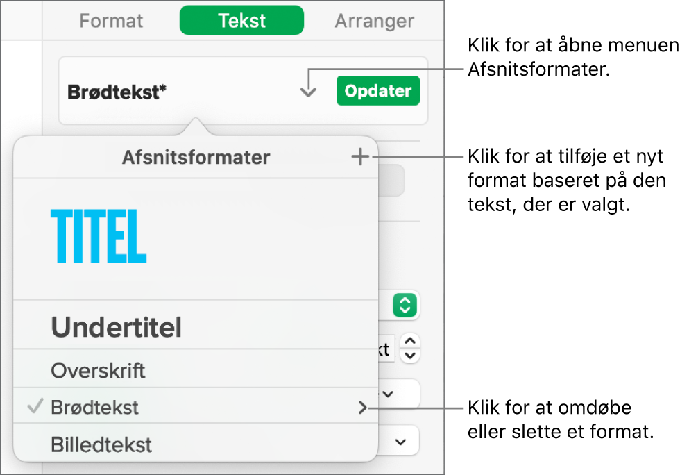 Menuen Afsnitsformater med betjeningsmuligheder til tilføjelse eller ændring af et format.