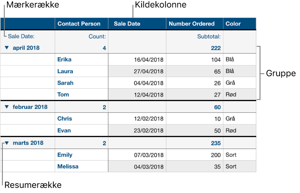 En kategoriseret tabel, der viser kildekolonne, grupper, resumerække og mærkerække.