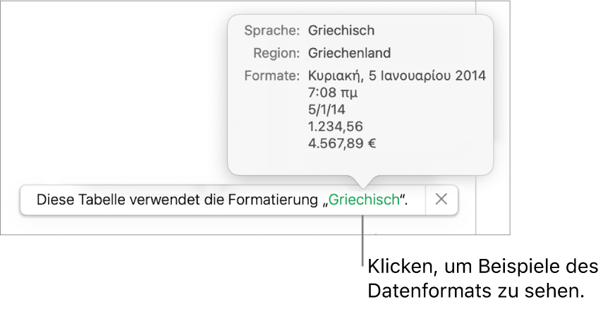 Die Mitteilung zur anderen Sprache und Region mit Beispielen der Formatierung in dieser Sprache und Region.