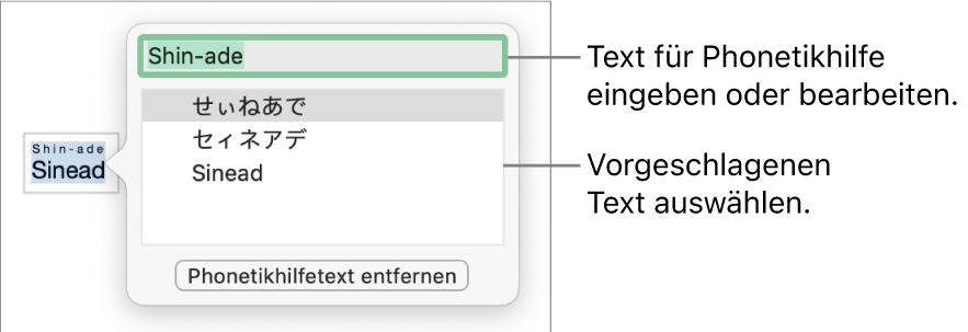 Die geöffnete Phonetikhilfe für ein Wort mit Beschreibungen für das Textfeld und einen Textvorschlag