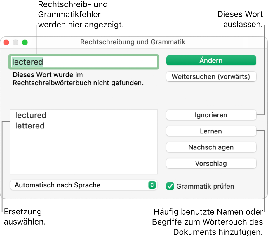 Das Fenster „Rechtschreibung und Grammatik“