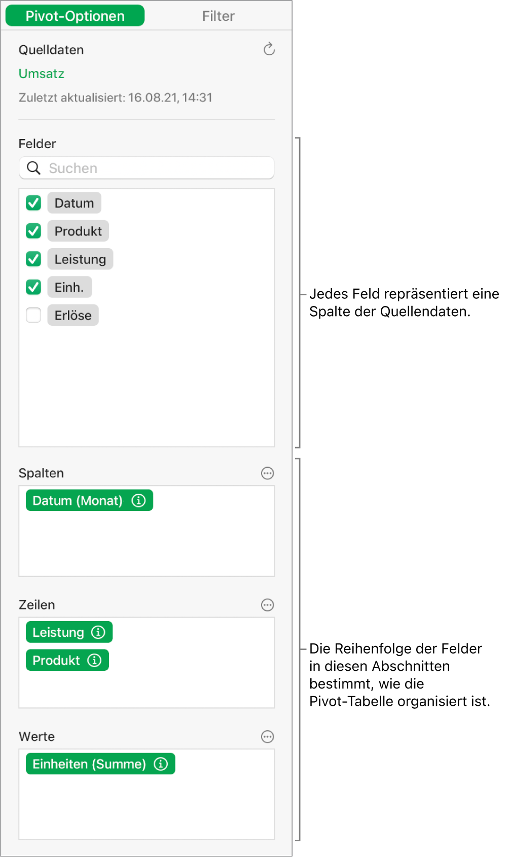 Der Tab „Pivot-Optionen“ in der Seitenleiste „Organisieren“ mit Feldern in den Abschnitten „Spalten“, „Zeilen“ und „Werte“ sowie Steuerelementen zum Bearbeiten der Felder und zum Aktualisieren der Pivot-Tabelle.