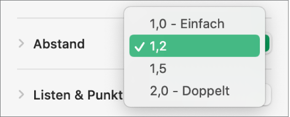 Das Einblendmenü „Abstand“ mit den Optionen „Einfach“, „Doppelt“ und weiteren Optionen