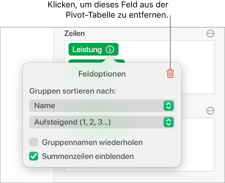 Das Menü „Feldoptionen“ mit Steuerelementen zum Gruppieren und Sortieren von Daten sowie einer Option zum Entfernen eines Feldes.