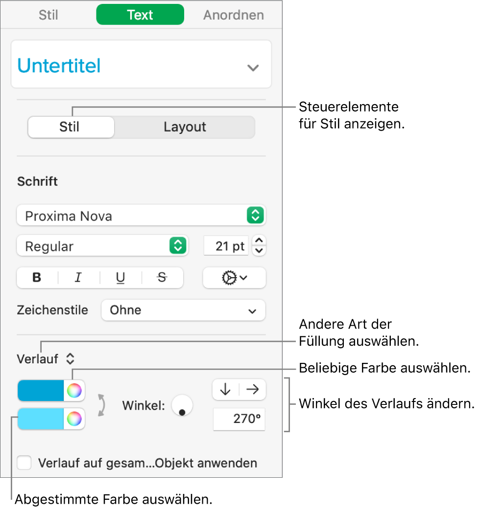 Seitenleiste „Text“, die zeigt, wie die Farbe des Texts geändert wird.