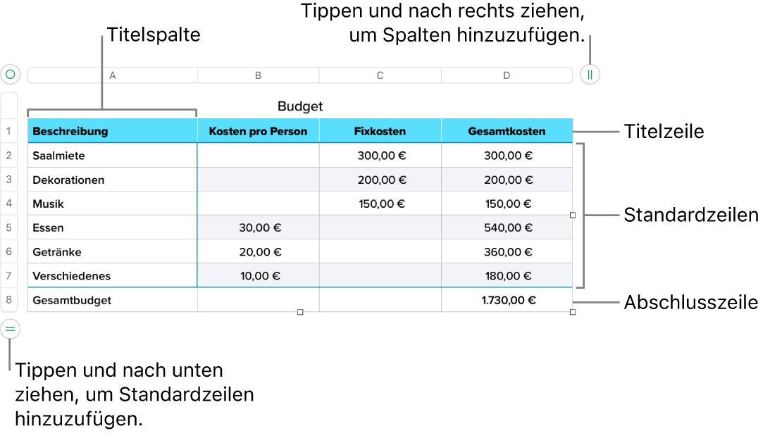 Eine Tabelle mit Titel-, Standard- und Abschlusszeilen und Spalten sowie mit Aktivpunkten zum Hinzufügen oder Löschen von Zeilen oder Spalten.