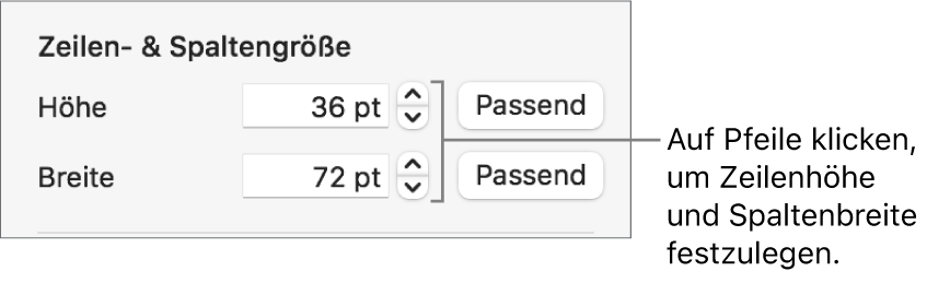 Die Steuerelemente zum Einstellen einer präzisen Zeilen- oder Spaltengröße