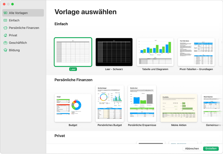 Die Vorlagenauswahl. In einer Seitenleiste links werden die Vorlagenkategorien aufgelistet, auf die du zum Filtern der Optionen klicken kannst. Rechts befinden sich Miniaturen der vordefinierten Vorlagen in Zeilen nach Kategorien sortiert, beginnend mit „Einfach“ oben, gefolgt von „Persönliche Finanzen“ und „Privat“. Die Tasten „Abbrechen“ und „Erstellen“ befinden sich rechts unten.