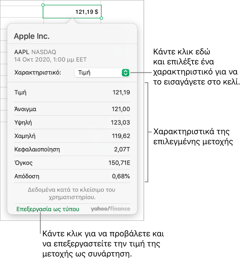 Το πλαίσιο διαλόγου για την εισαγωγή πληροφοριών χαρακτηριστικών μετοχών, με επιλεγμένη τη μετοχή της Apple.