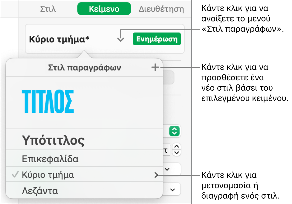 Το μενού «Στιλ παραγράφων» που εμφανίζει τα στοιχεία ελέγχου για την προσθήκη ή την αλλαγή ενός στιλ.