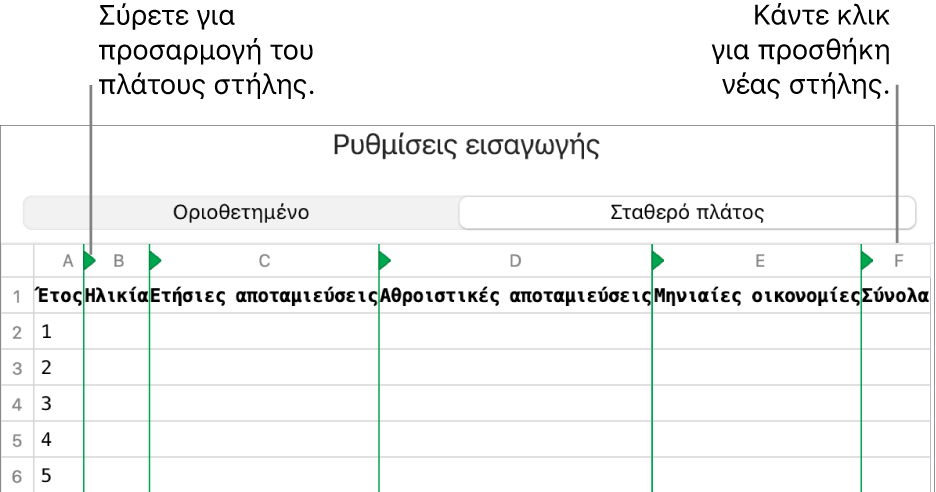 Οι ρυθμίσεις εισαγωγής για ένα αρχείο κειμένου σταθερού πλάτους.