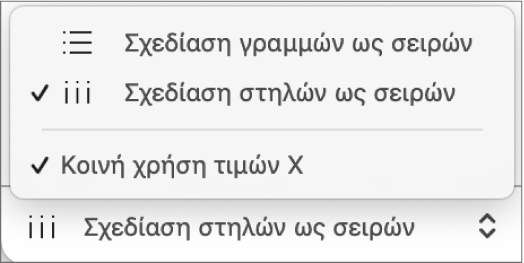 Το αναδυόμενο μενού για την επιλογή σχεδίασης γραμμών ή στηλών ως σειρών.