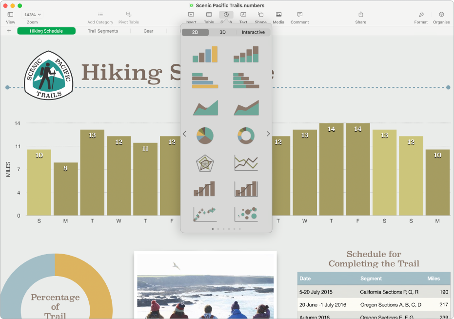 The Numbers window with the graphs menu opened from the toolbar.