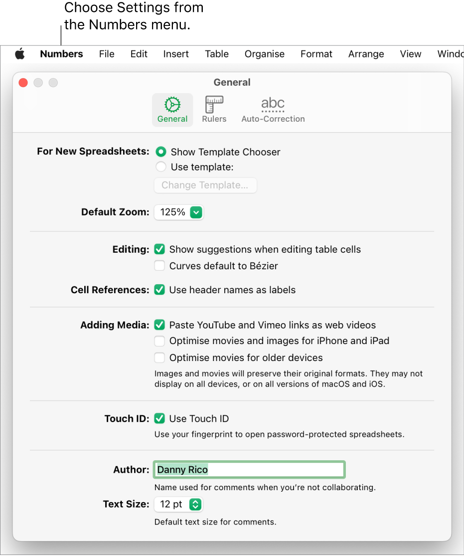 Numbers settings window open to the General pane, with settings for new spreadsheets, default zoom, editing, cell references, equations, adding media, Touch ID, author name and default text size.