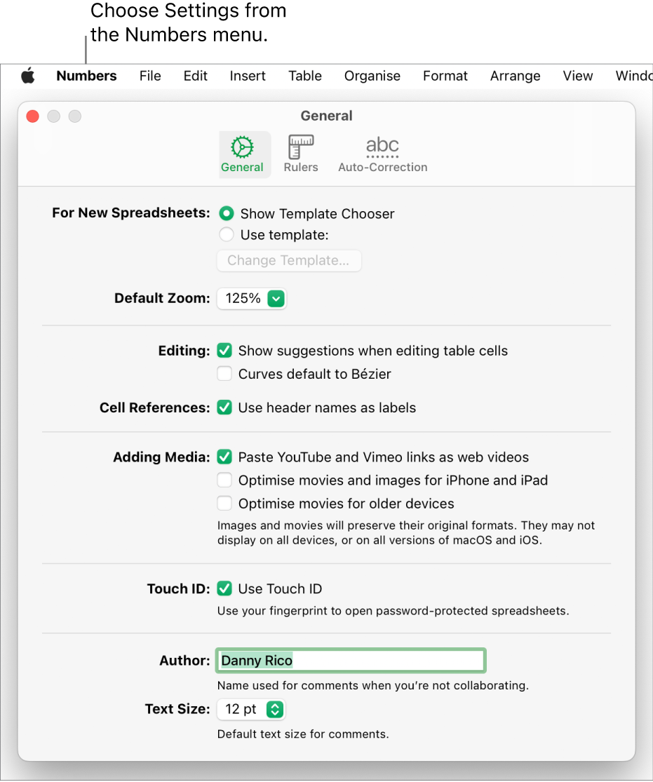 Numbers settings window open to the General pane, with settings for new spreadsheets, default zoom, editing, cell references, equations, adding media, Touch ID, author name and default text size.