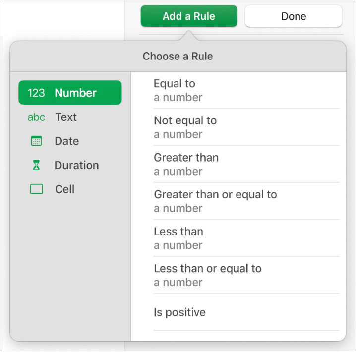 Types of cell highlighting rules.