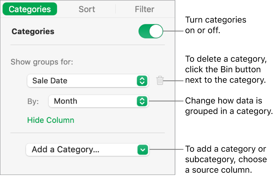 The categories sidebar with options for turning categories off, deleting categories, regrouping data, hiding a source column and adding categories.