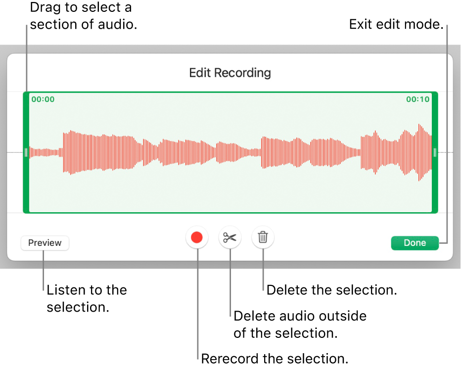 Controls for editing recorded audio. Handles indicate the selected section of the recording, and Preview, Record, Trim, Delete, and Edit Mode buttons are below.