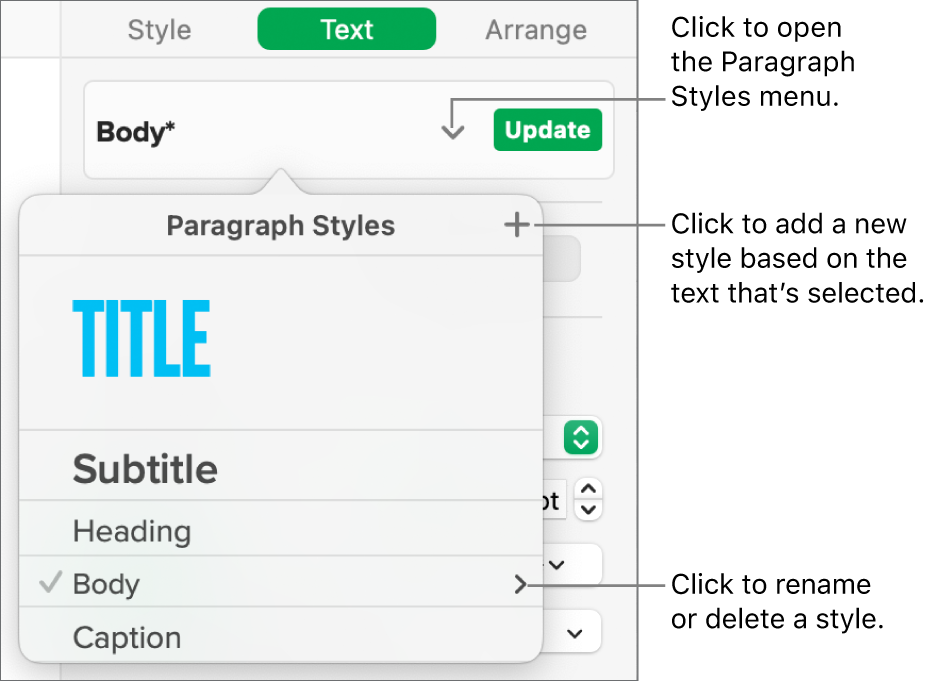 The Paragraph Styles menu, showing controls to add or change a style.