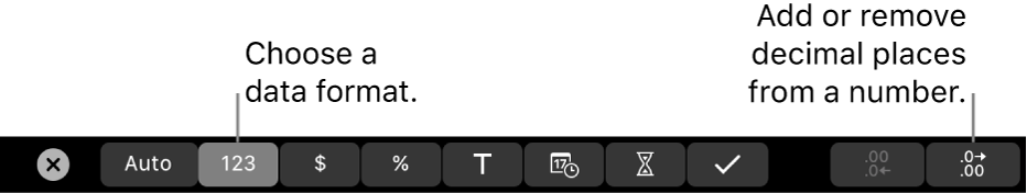 The MacBook Pro Touch Bar with controls for choosing a data format and adding or removing decimal places from a number.