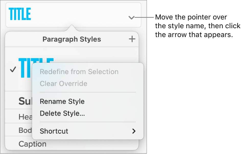 The Paragraph Styles menu with the shortcut menu open.