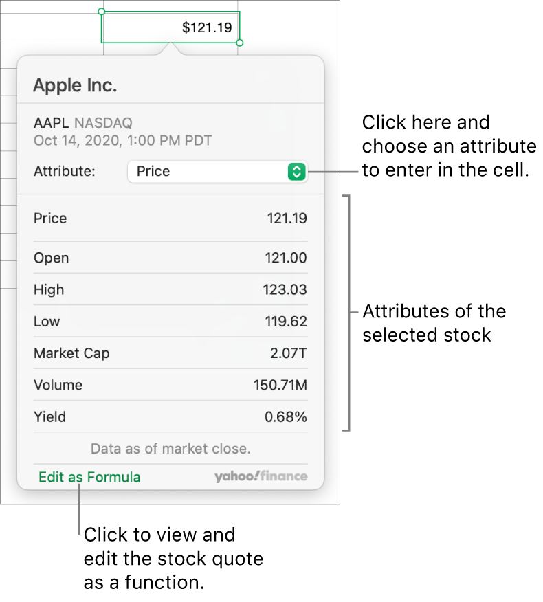 The dialog for entering stock attribute information, with Apple as the selected stock.