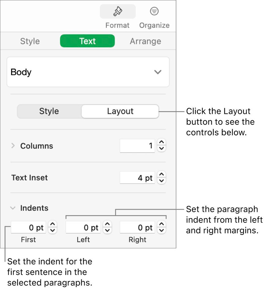 The Layout section of the Format sidebar showing controls for setting the first line indent and paragraph margins.