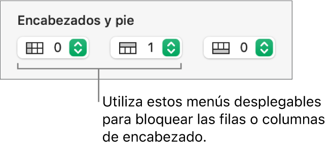 Menús desplegables para agregar columnas y filas de encabezado y pie de página a una tabla y para congelar columnas y filas de encabezado.