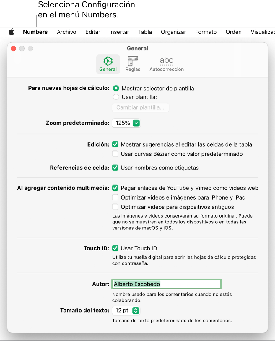 La ventana del panel de configuración de Numbers está abierta en el panel General, con configuraciones para nuevas hojas de cálculo, el zoom predeterminado, la edición, las referencias a celdas, las ecuaciones, la adición de contenido, Touch ID, el nombre del autor y el tamaño de texto predeterminado.