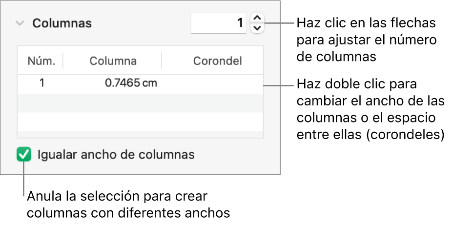 Controles de la sección de columnas para cambiar el número de columnas y el ancho de cada columna.