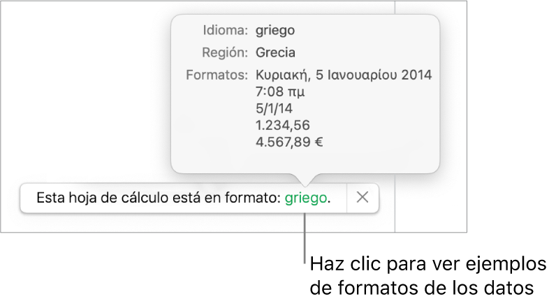 La notificación de la configuración de idioma y formato distinto, con ejemplos del formato en ese idioma y región.