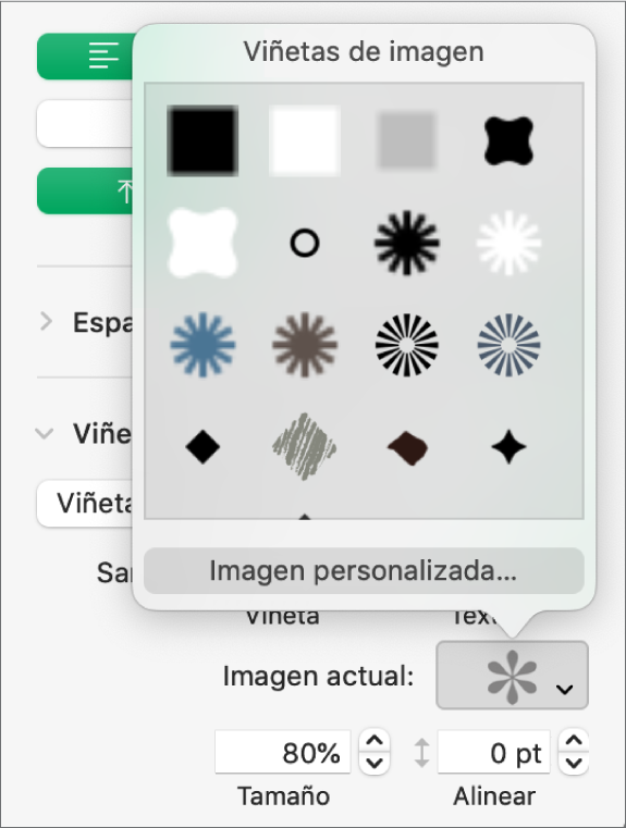El menú desplegable Viñetas de imagen.